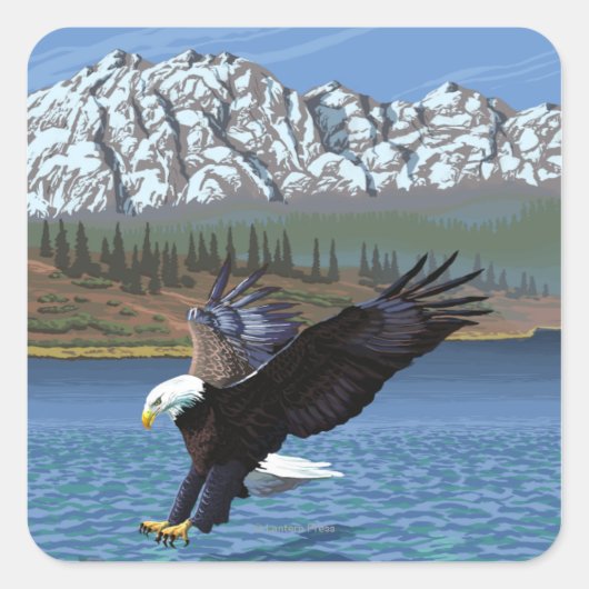 AlaskaBald Eagle Vintage Travel Poster Quadratischer Aufkleber (Vorderseite)