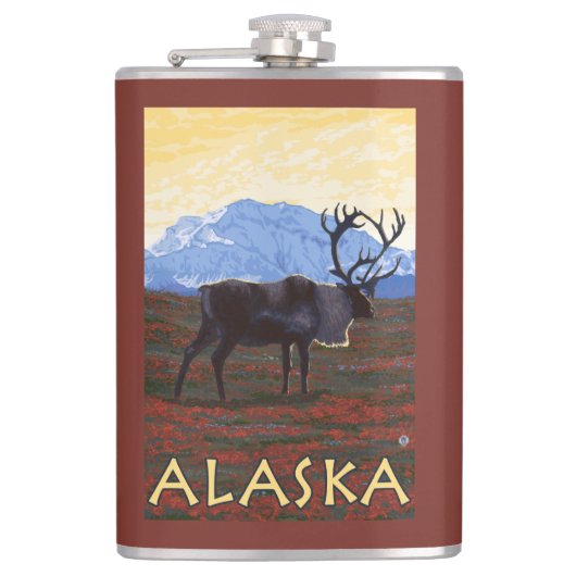 AlaskaCaribou Vintages Reise-Plakat Flachmann (Vorderseite)