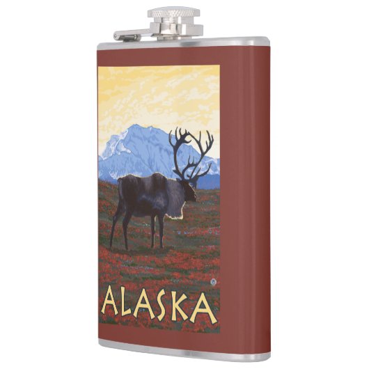 AlaskaCaribou Vintages Reise-Plakat Flachmann (Links)