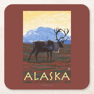 AlaskaCaribou Vintages Reise-Plakat Rechteckiger Pappuntersetzer