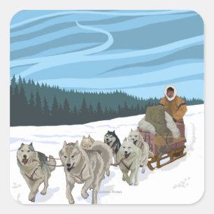 AlaskaDogsledding Vintages Reise-Plakat Quadratischer Aufkleber