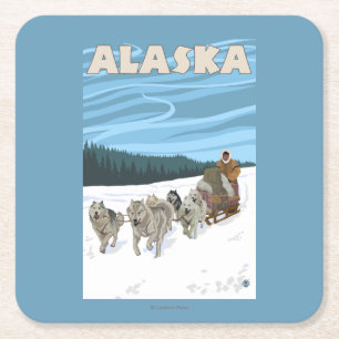 AlaskaDogsledding Vintages Reise-Plakat Rechteckiger Pappuntersetzer