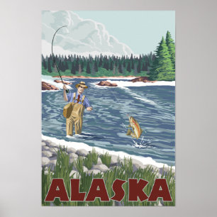 AlaskaFly Fisherman Vintage Travel Poster