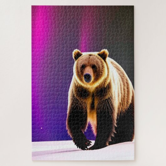 Alaskan Grizzly Bear und Pink Aurora Borealis Puzzle (Vertikal)