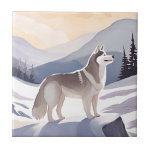 Alaskan Husky   Dog Mountain Aquarell Fliese