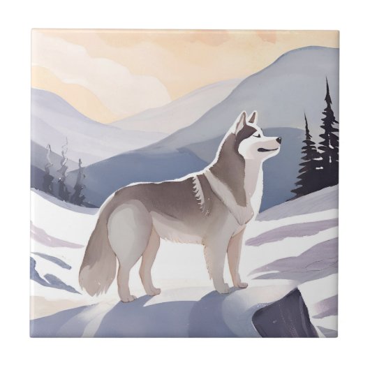 Alaskan Husky | Dog Mountain Aquarell Fliese (Vorderseite)