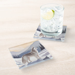 Alaskan Husky   Dog Mountain Aquarell Glasuntersetzer