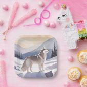 Alaskan Husky | Dog Mountain Aquarell Pappteller (Party)