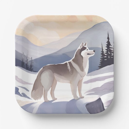 Alaskan Husky | Dog Mountain Aquarell Pappteller (Vorderseite)