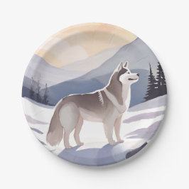 Alaskan Husky | Dog Mountain Aquarell Pappteller