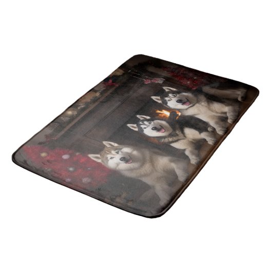 Alaskan Malamute am Feuerplatz Weihnachten Badematte (Schrägansicht)