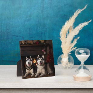 Alaskan Malamute am Feuerplatz Weihnachten Fotoplatte