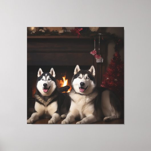 Alaskan Malamute am Feuerplatz Weihnachten Leinwanddruck (Vorderseite)