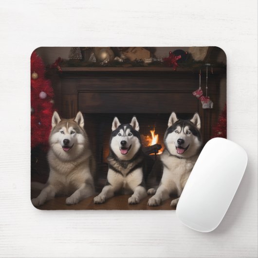Alaskan Malamute am Feuerplatz Weihnachten Mousepad (Mit Mouse)