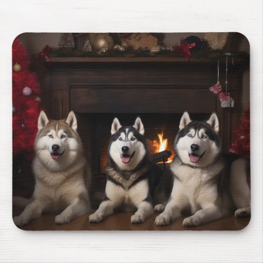 Alaskan Malamute am Feuerplatz Weihnachten Mousepad (Vorne)