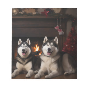 Alaskan Malamute am Feuerplatz Weihnachten Notizblock
