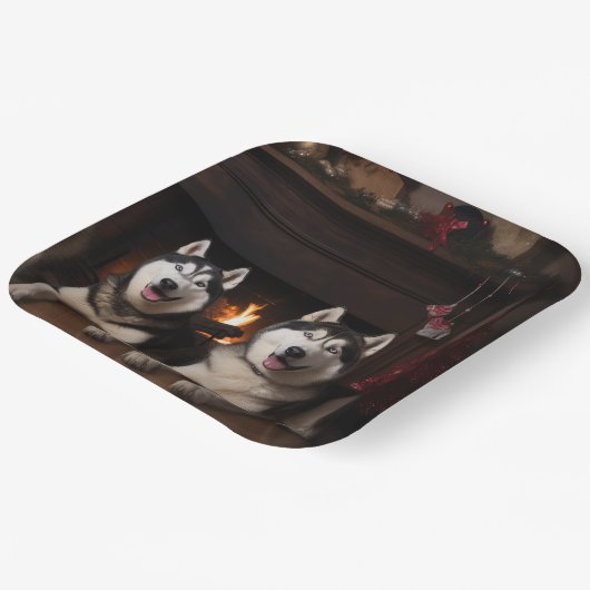 Alaskan Malamute am Feuerplatz Weihnachten Pappteller (Gewinkelt)