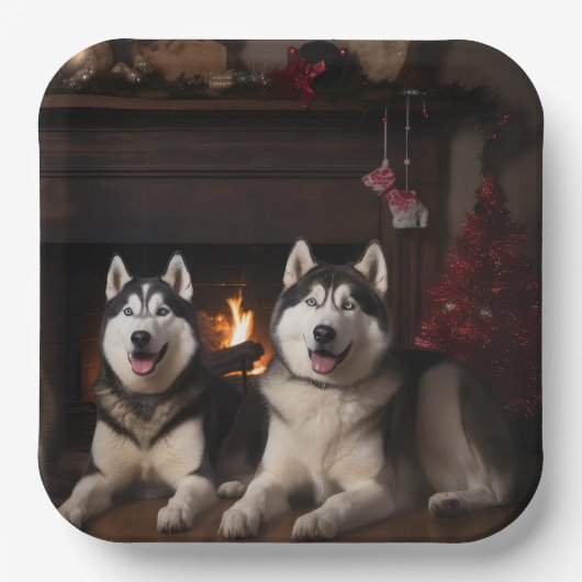 Alaskan Malamute am Feuerplatz Weihnachten Pappteller (Vorderseite)