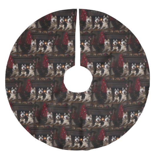 Alaskan Malamute am Feuerplatz Weihnachten Polyester Weihnachtsbaumdecke (Vorderseite)