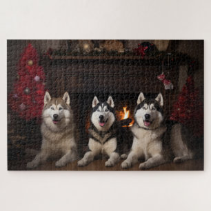 Alaskan Malamute am Feuerplatz Weihnachten Puzzle