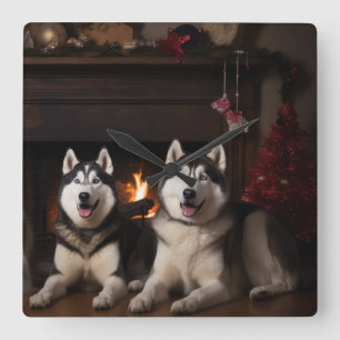 Alaskan Malamute am Feuerplatz Weihnachten Quadratische Wanduhr