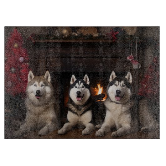 Alaskan Malamute am Feuerplatz Weihnachten Schneidebrett (Vorderseite)