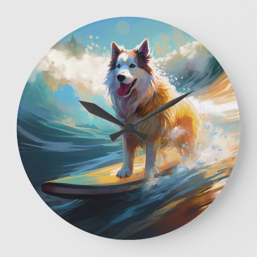 Alaskan Malamute Beach Surfmalerei Große Wanduhr (Vorderseite)