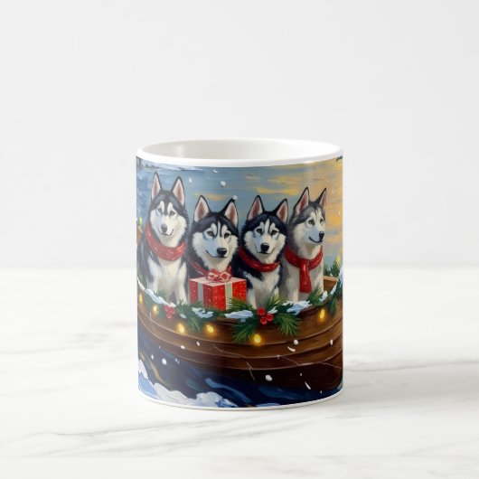 Alaskan Malamute Christmas Boat Holiday Kaffeetasse (Mittel)