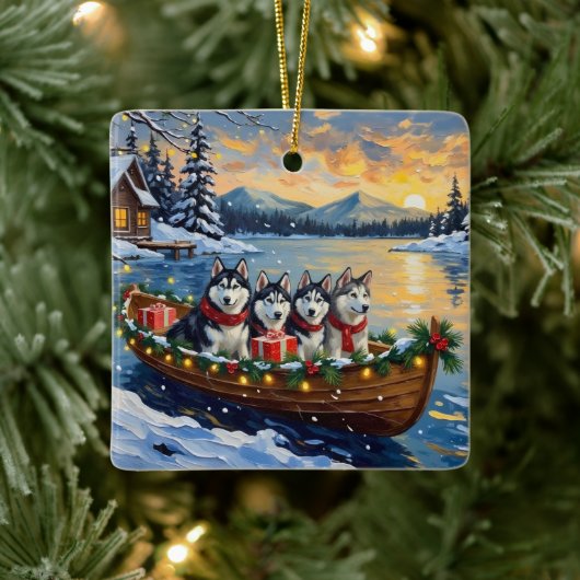 Alaskan Malamute Christmas Boat Holiday Keramikornament (Baum)