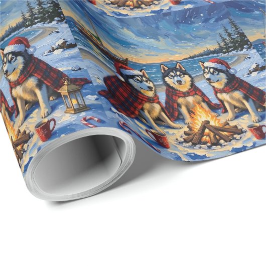 Alaskan Malamute Christmas Bonfire Beach Holiday Geschenkpapier (Rolleneckpunkt)