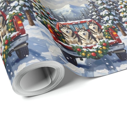 Alaskan Malamute Christmas Red Truck Holiday Geschenkpapier (Rolleneckpunkt)