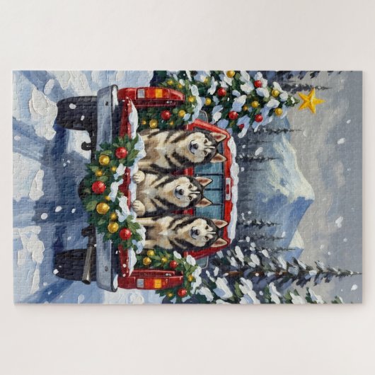 Alaskan Malamute Christmas Red Truck Holiday Puzzle (Horizontal)
