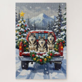 Alaskan Malamute Christmas Red Truck Holiday Puzzle (Vertikal)