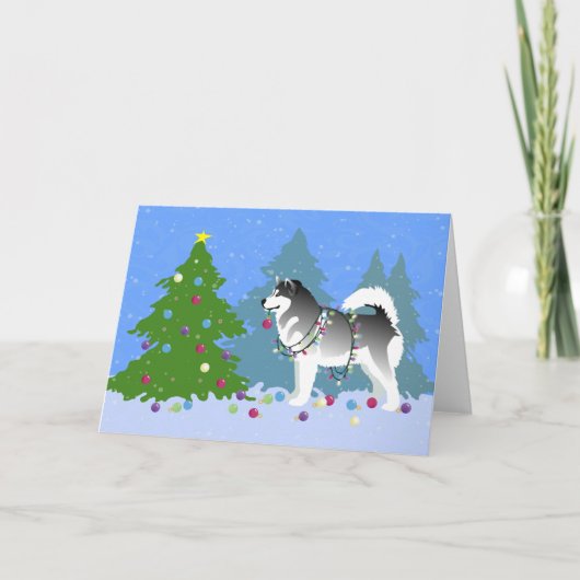 Alaskan Malamute dekoriert Weihnachtsbaum Feiertagskarte (Vorderseite)