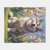 Alaskan Malamute Dog Frühlingsblumen Malerei Fleecedecke (Vorderseite (Horizontal))
