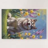 Alaskan Malamute Dog Frühlingsblumen Malerei Puzzle (Horizontal)