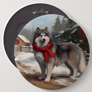 Alaskan Malamute Dog im Schnee Weihnachten Button