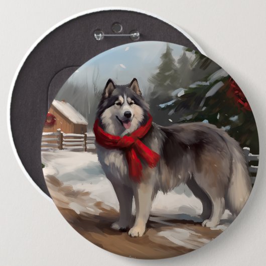 Alaskan Malamute Dog im Schnee Weihnachten Button (Vorne & Hinten)