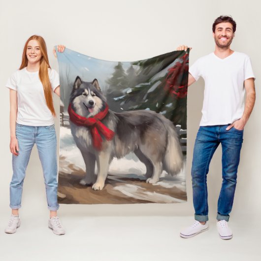 Alaskan Malamute Dog im Schnee Weihnachten Fleecedecke (Beispiel)