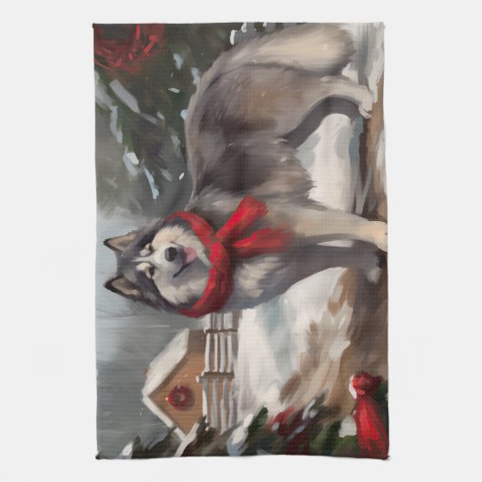 Alaskan Malamute Dog im Schnee Weihnachten Geschirrtuch (Vertikal)