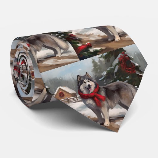 Alaskan Malamute Dog im Schnee Weihnachten Krawatte (Gerollt)