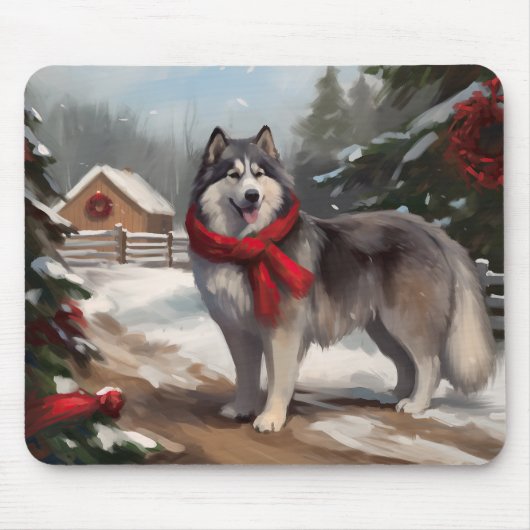 Alaskan Malamute Dog im Schnee Weihnachten Mousepad (Vorne)