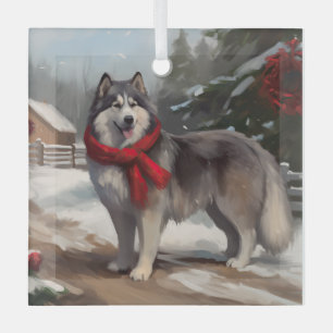 Alaskan Malamute Dog im Schnee Weihnachten Ornament Aus Glas