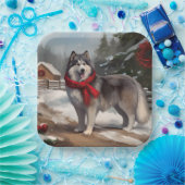 Alaskan Malamute Dog im Schnee Weihnachten Pappteller (Party)