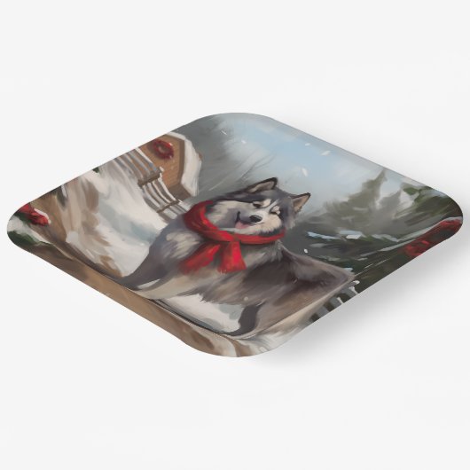 Alaskan Malamute Dog im Schnee Weihnachten Pappteller (Gewinkelt)