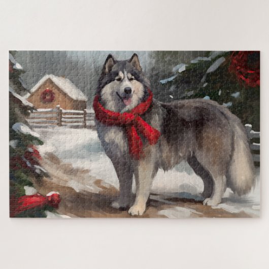 Alaskan Malamute Dog im Schnee Weihnachten Puzzle (Horizontal)