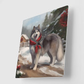 Alaskan Malamute Dog im Schnee Weihnachten Quadratische Wanduhr (Winkel)