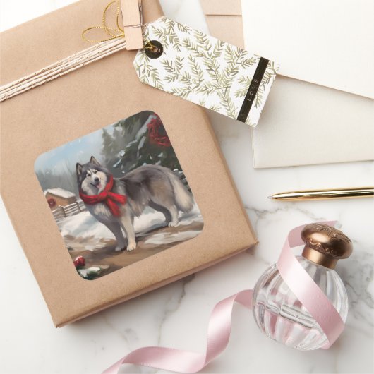 Alaskan Malamute Dog im Schnee Weihnachten Quadratischer Aufkleber (Schenken)