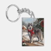 Alaskan Malamute Dog im Schnee Weihnachten Schlüsselanhänger (Vorderseite links)