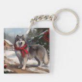 Alaskan Malamute Dog im Schnee Weihnachten Schlüsselanhänger (Rückseite)